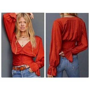 Anthropologie Women's Satin Orange Cinched Long Sleeve Blouse Button Front